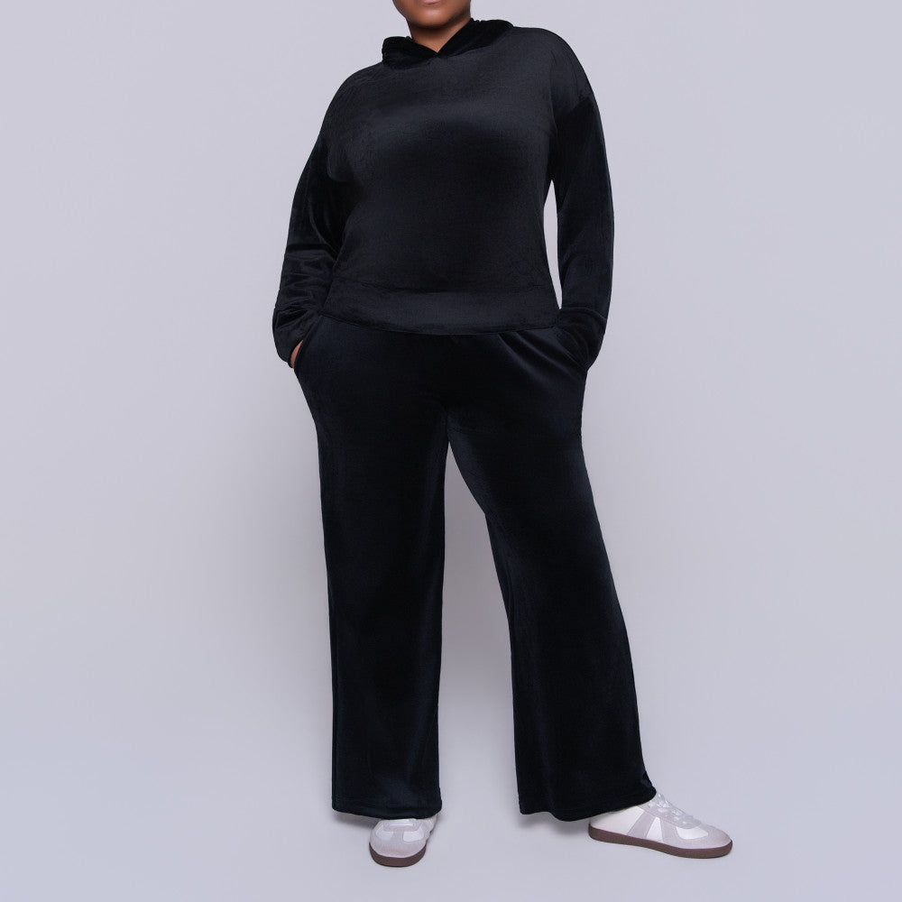 Black Velour Hooded Tracksuit Set