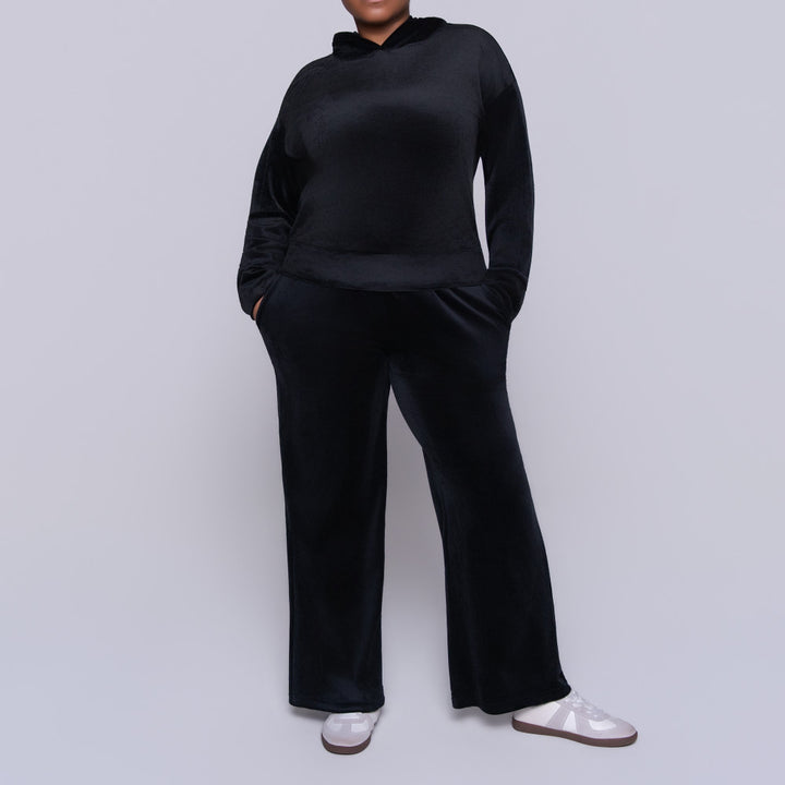 Black Velour Hooded Tracksuit Set