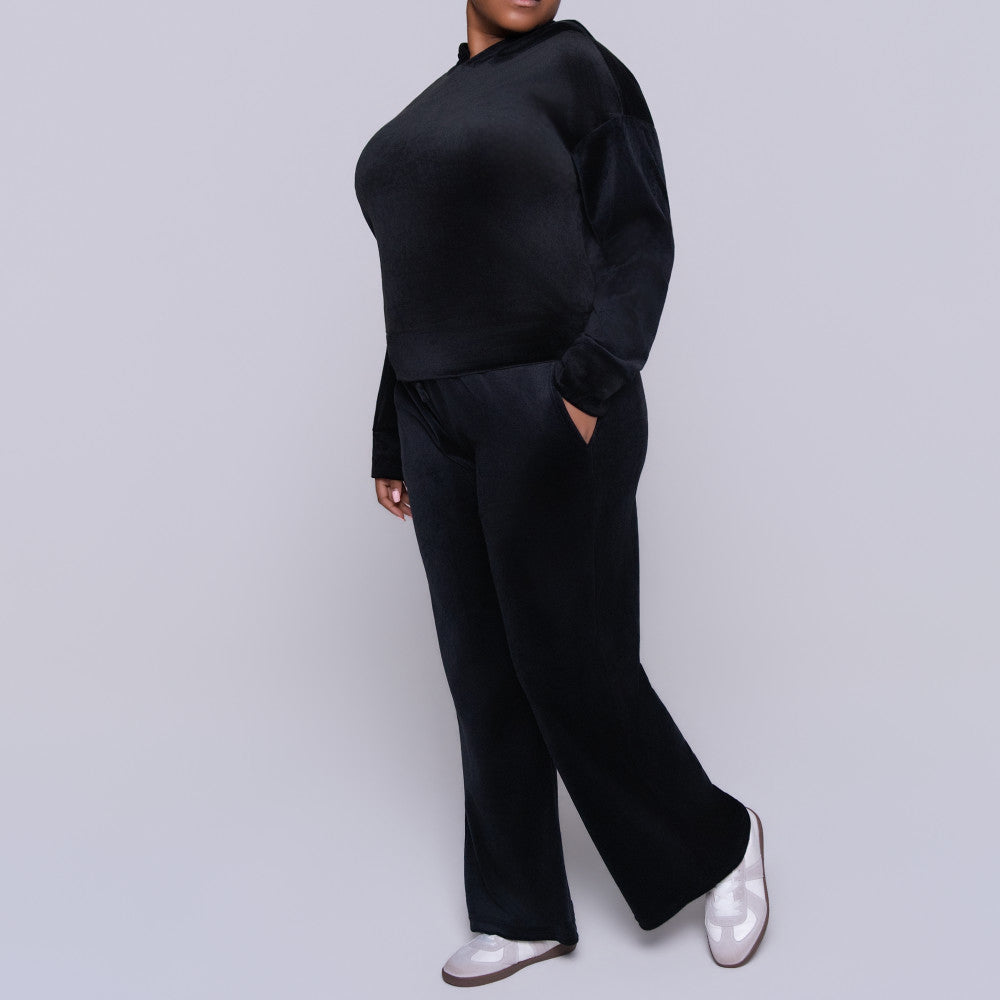 Black Velour Hooded Tracksuit Set