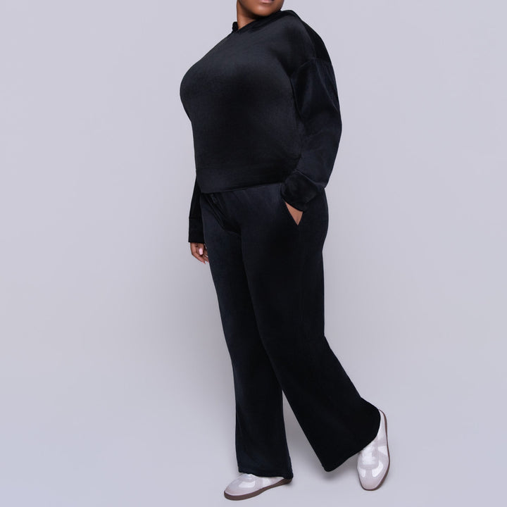 Black Velour Hooded Tracksuit Set