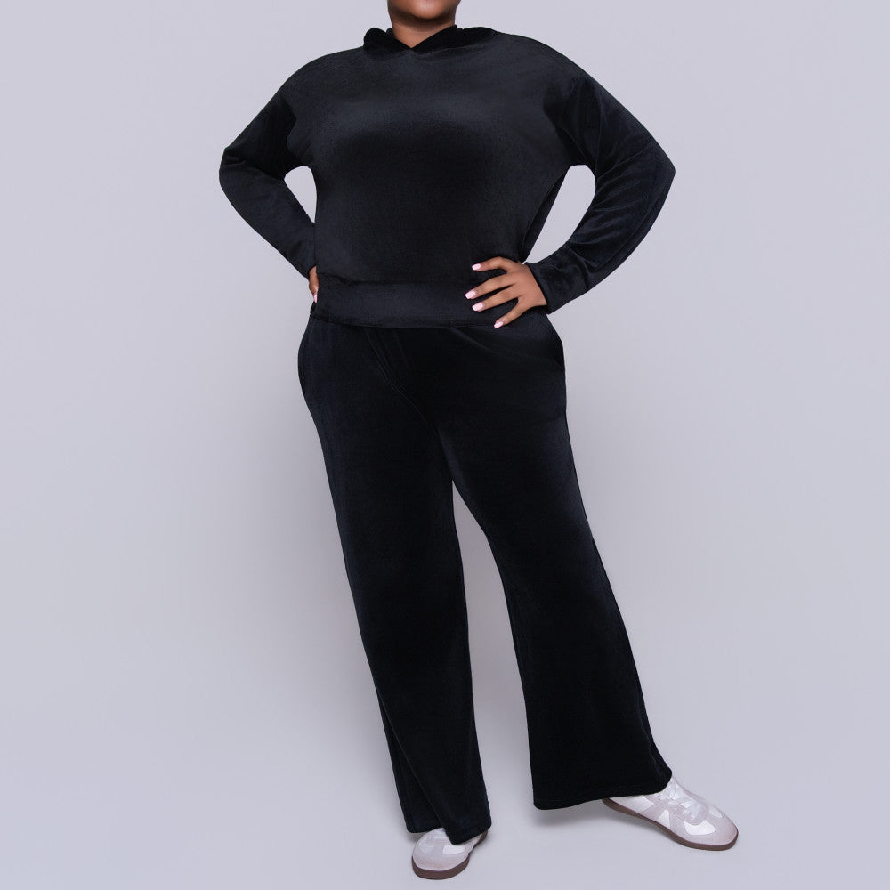 Black Velour Hooded Tracksuit Set