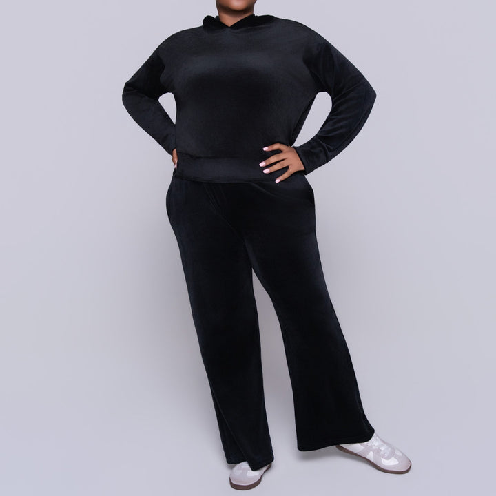 Black Velour Hooded Tracksuit Set