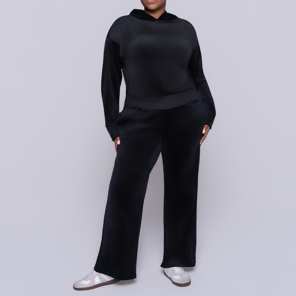 Black Velour Hooded Tracksuit Set