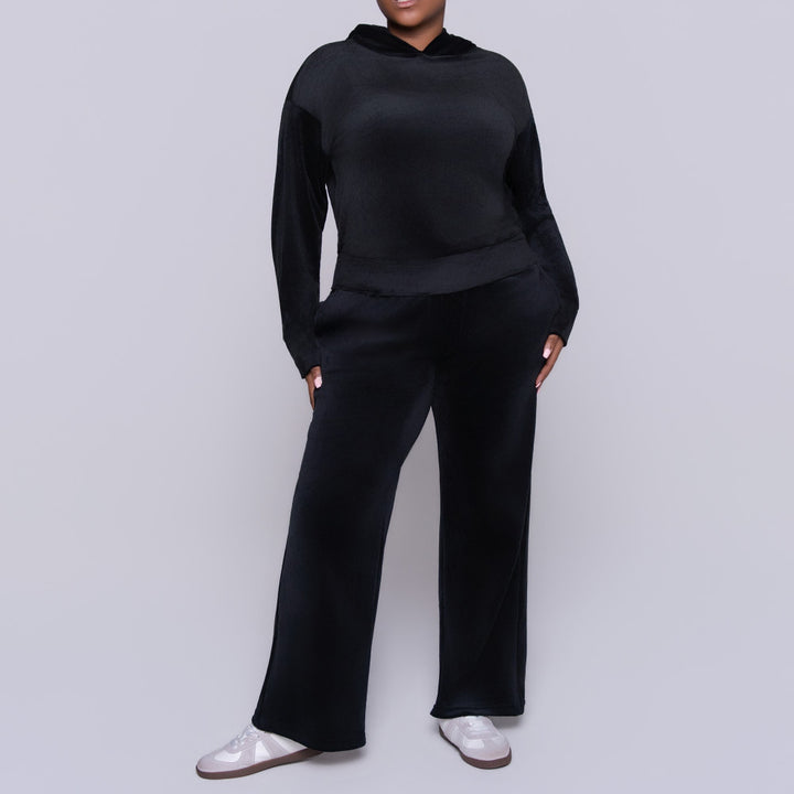 Black Velour Hooded Tracksuit Set