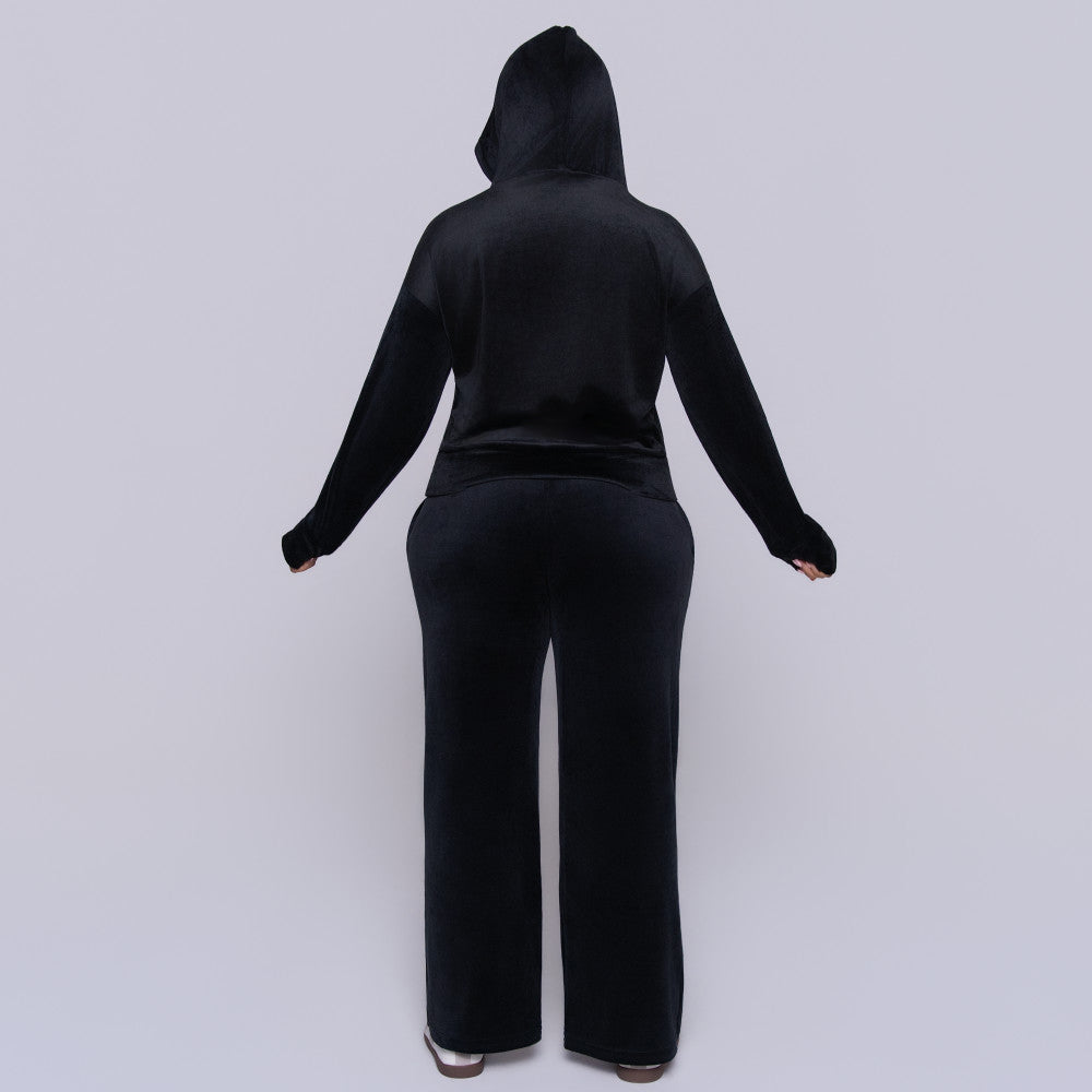 Black Velour Hooded Tracksuit Set