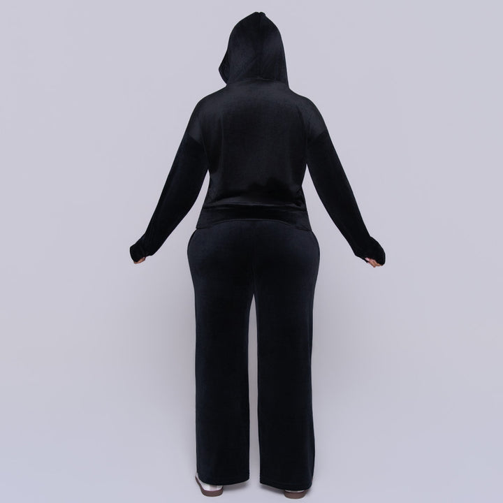 Black Velour Hooded Tracksuit Set