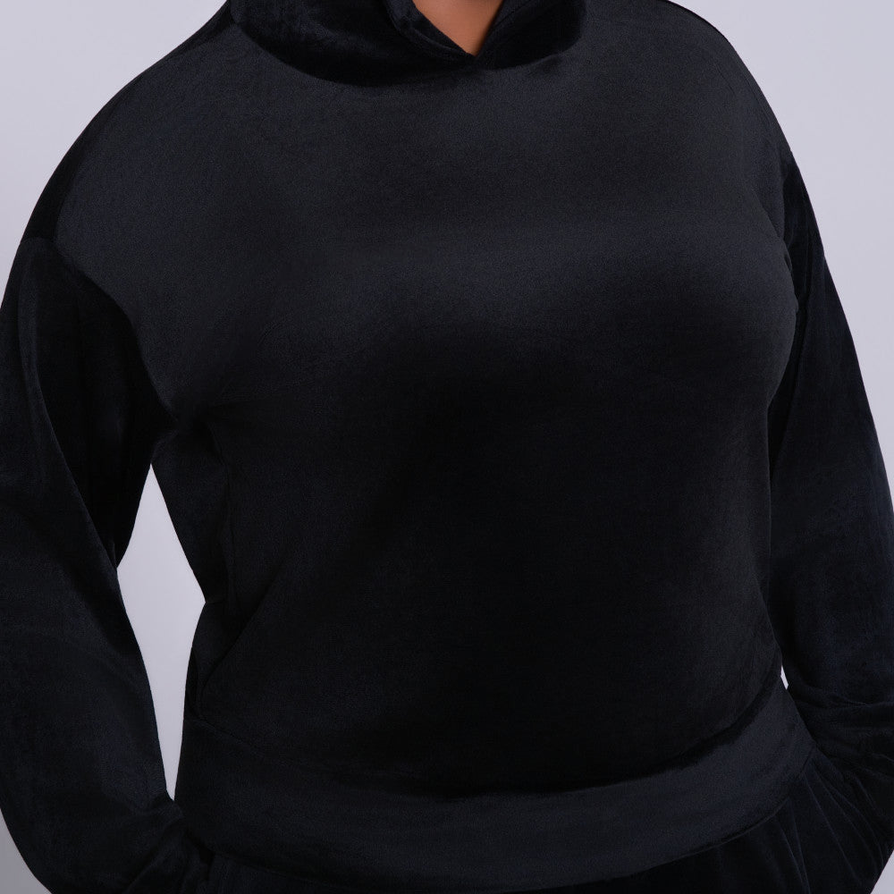 Black Velour Hooded Tracksuit Set