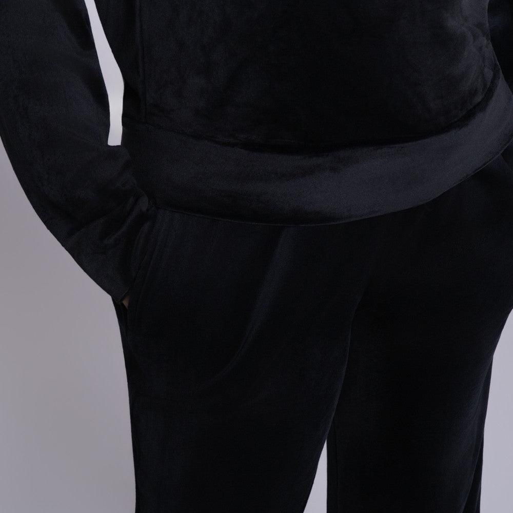 Black Velour Hooded Tracksuit Set