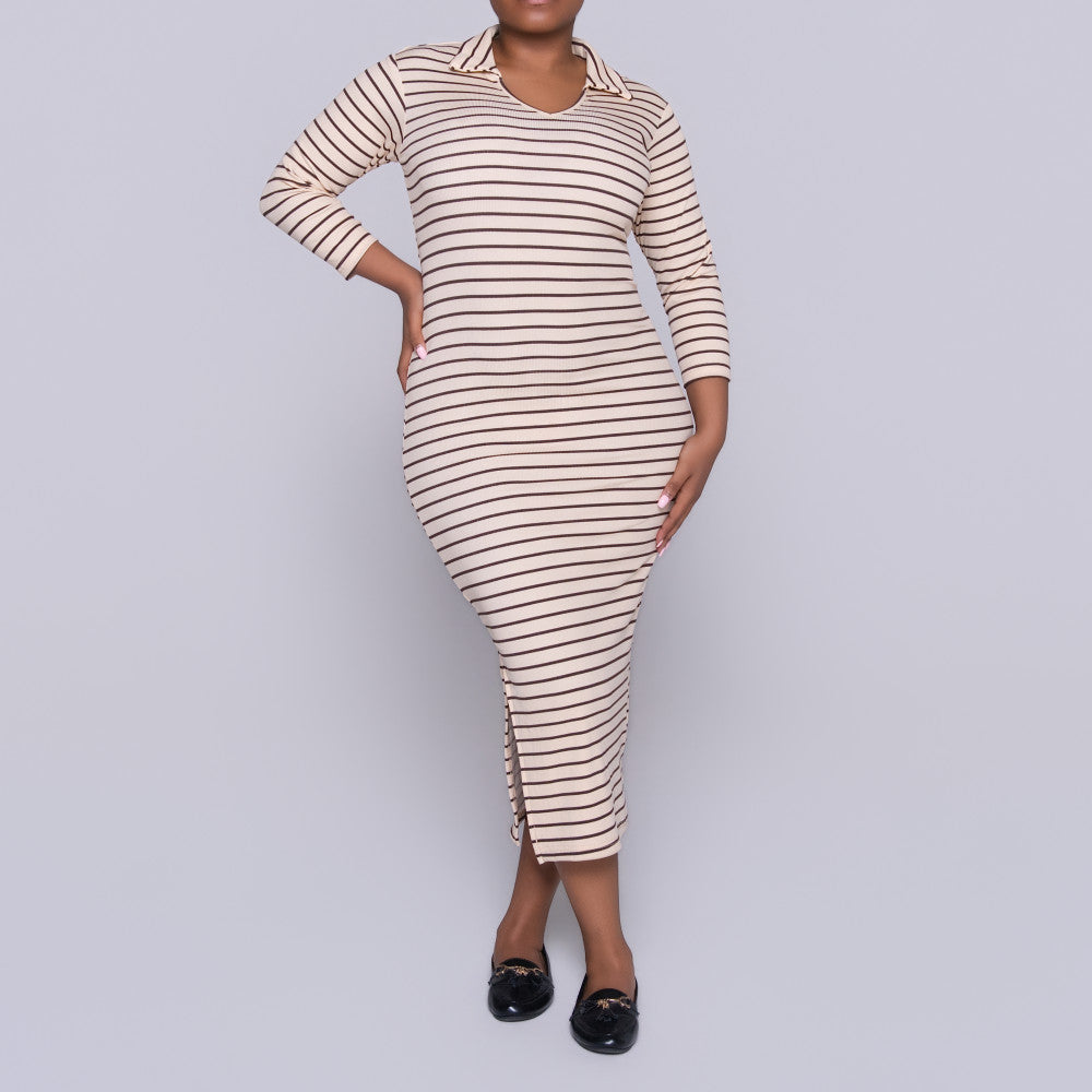 Stone/Choc Rib Striped Dress