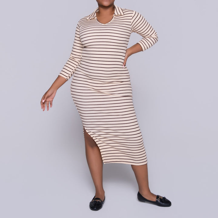 Stone/Choc Rib Striped Dress