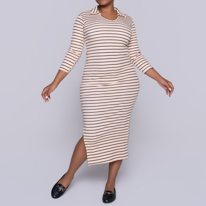 Stone/Choc Rib Striped Dress