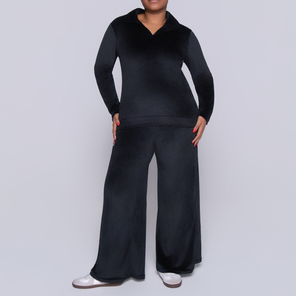 Black Long Sleeve Velour Tracksuit Set