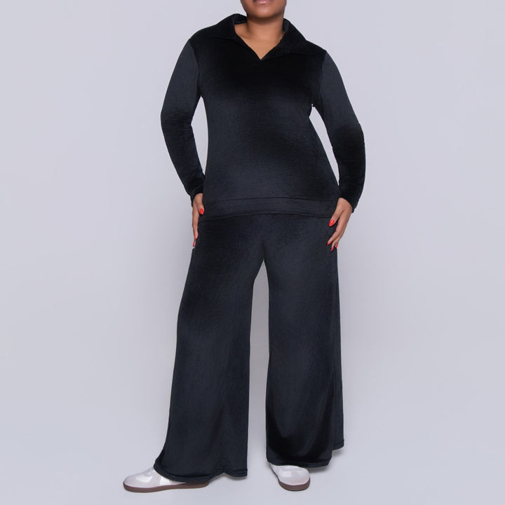 Black Long Sleeve Velour Tracksuit Set