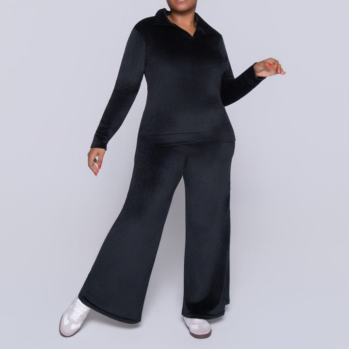 Black Long Sleeve Velour Tracksuit Set