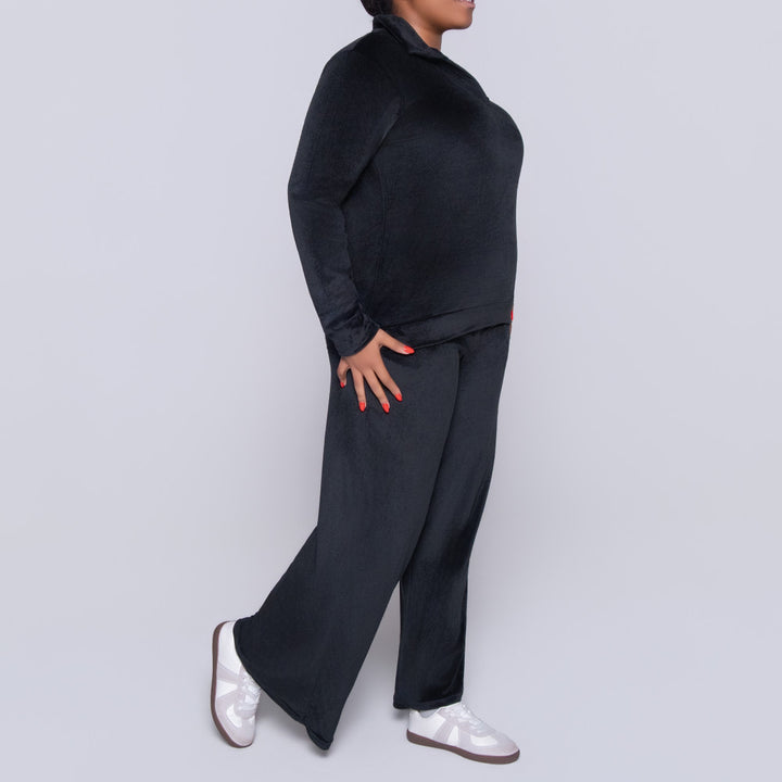 Black Long Sleeve Velour Tracksuit Set