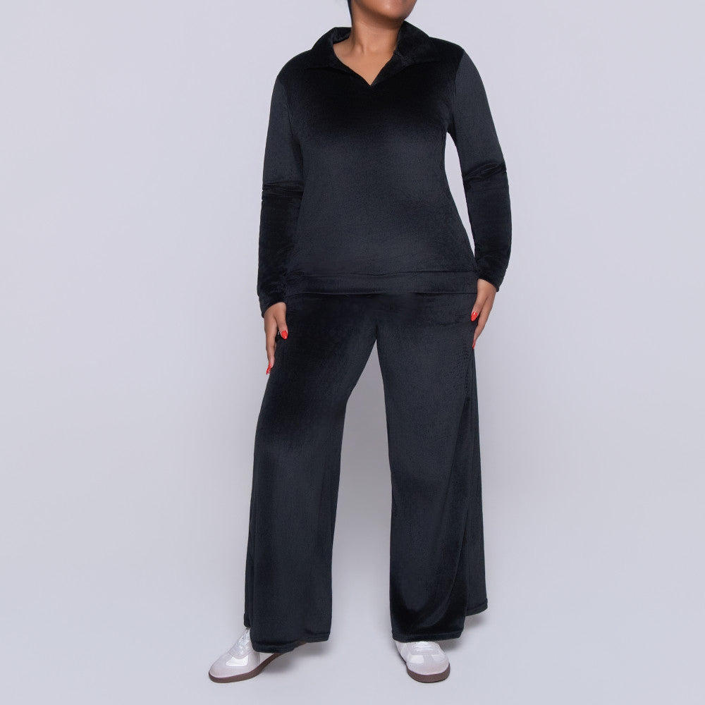 Black Long Sleeve Velour Tracksuit Set
