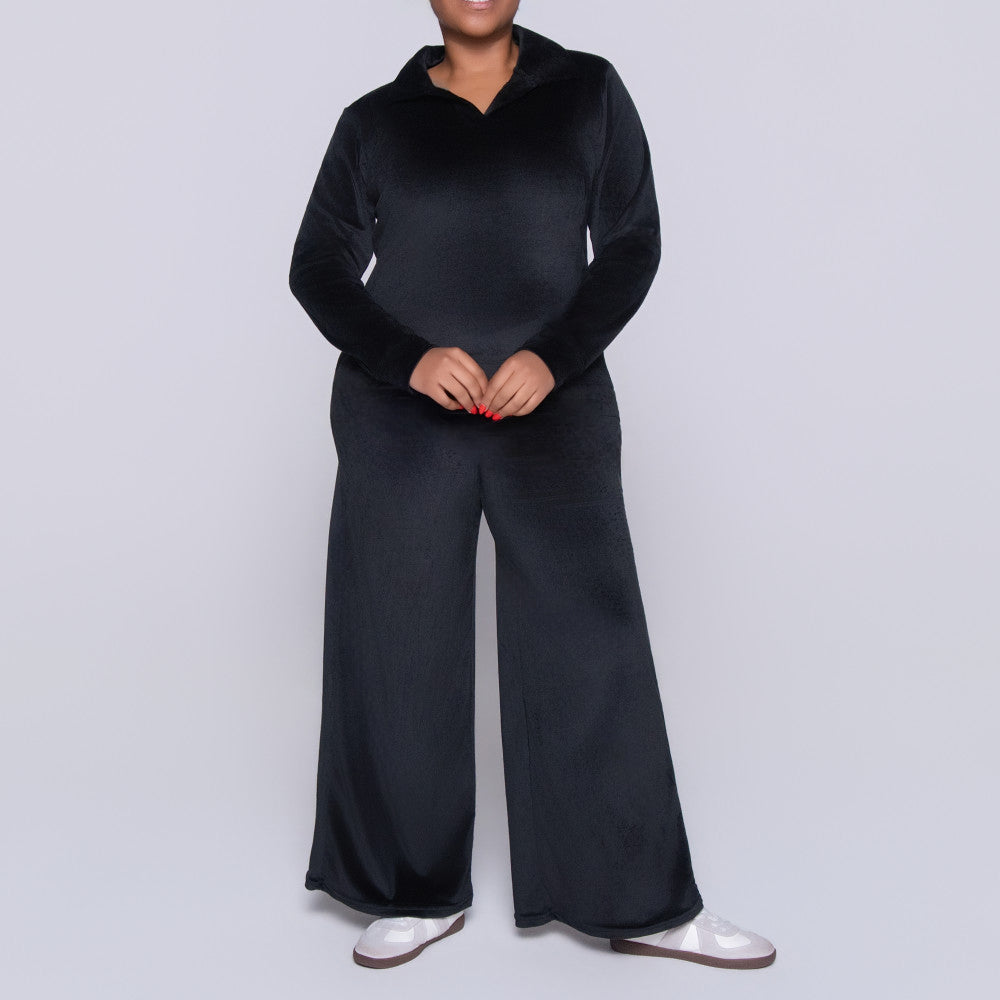 Black Long Sleeve Velour Tracksuit Set