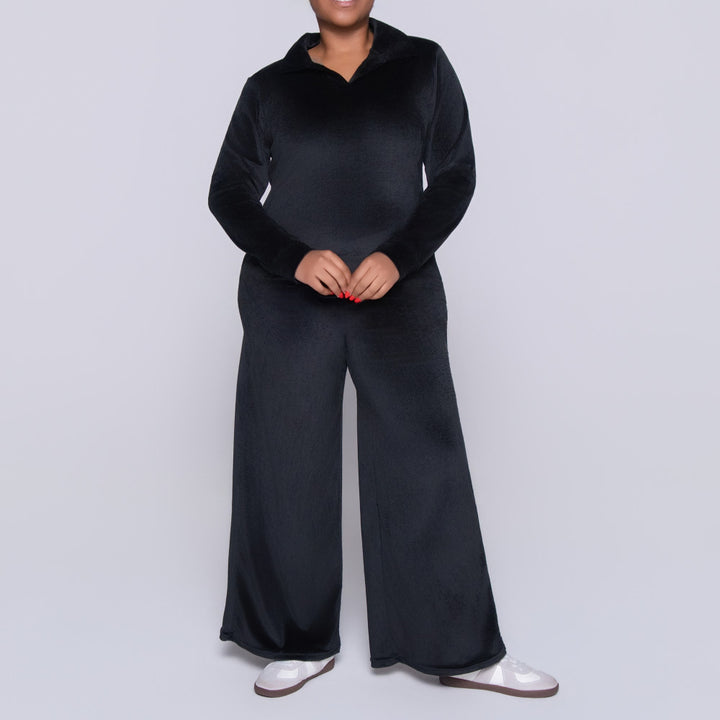 Black Long Sleeve Velour Tracksuit Set