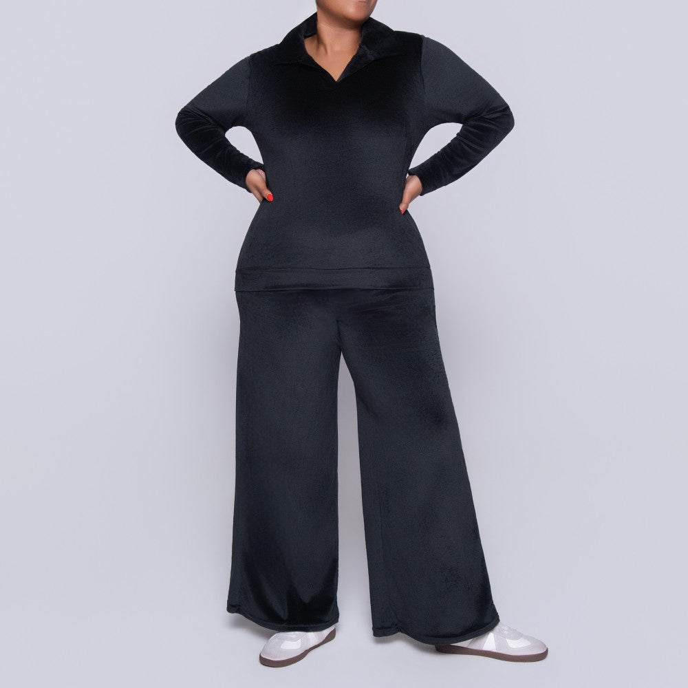 Black Long Sleeve Velour Tracksuit Set