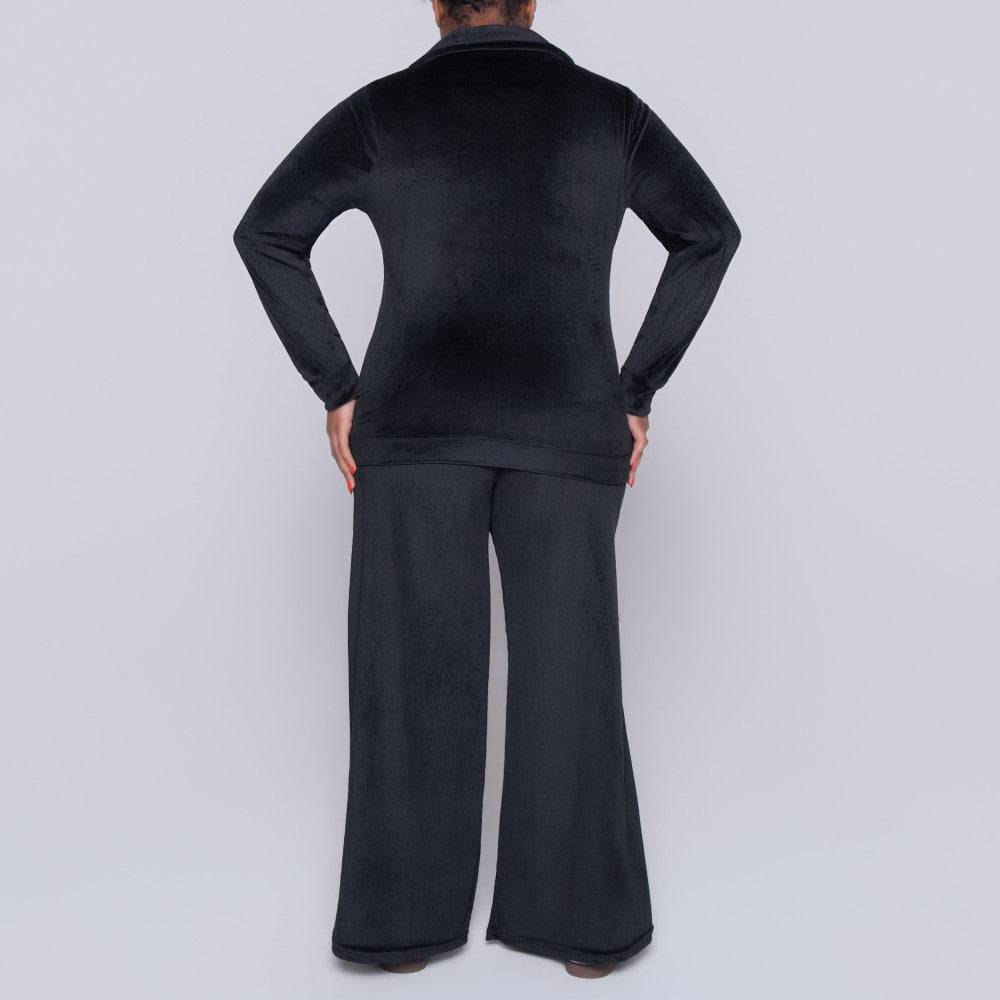 Black Long Sleeve Velour Tracksuit Set