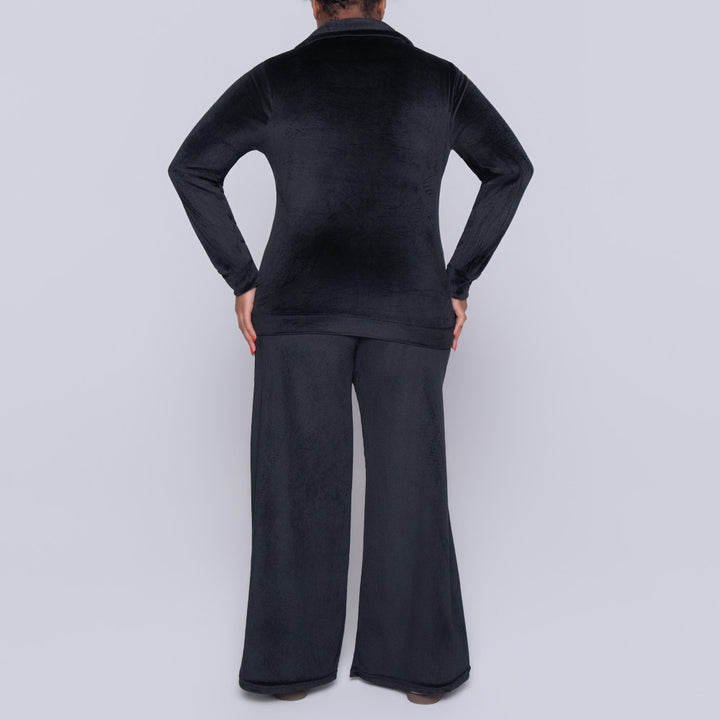 Black Long Sleeve Velour Tracksuit Set