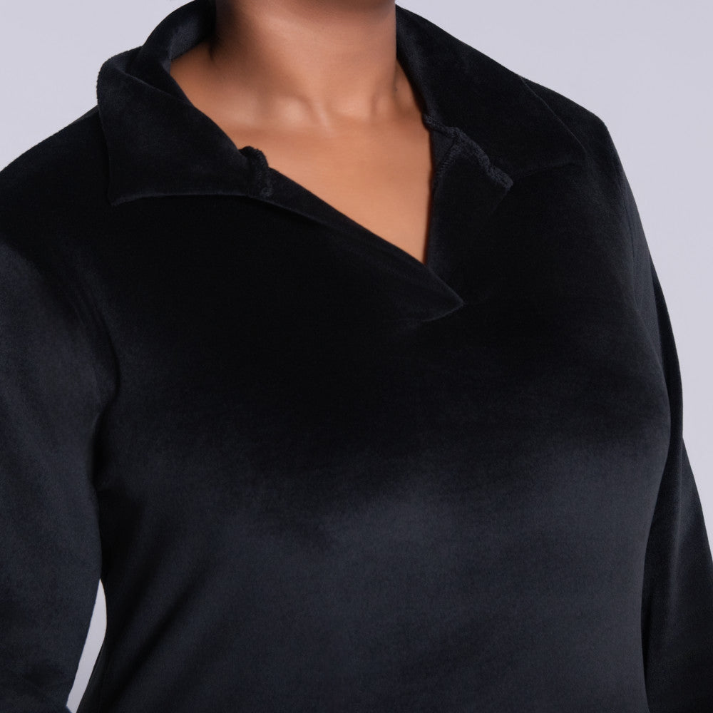 Black Long Sleeve Velour Tracksuit Set