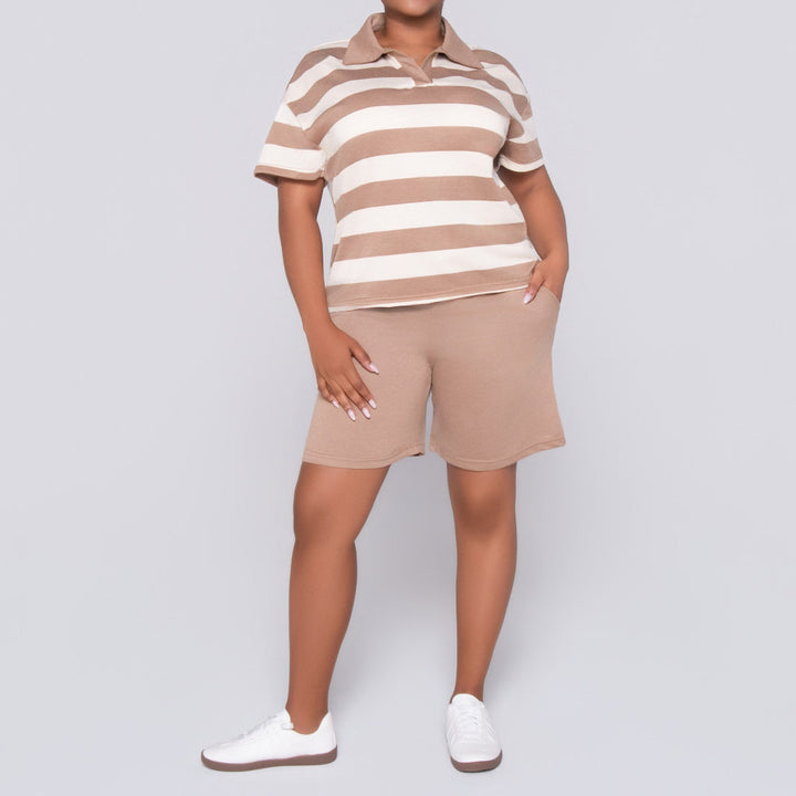 Taupe Striped Top And Shorts Set
