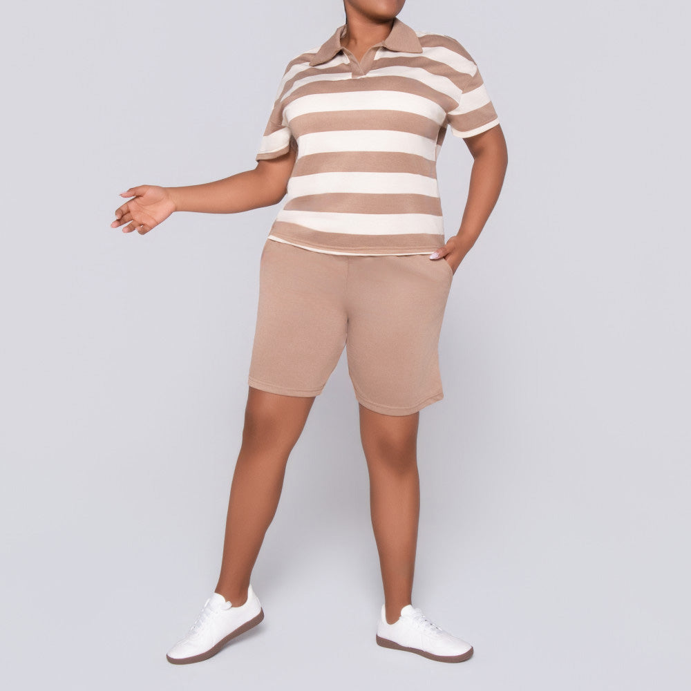 Taupe Striped Top And Shorts Set