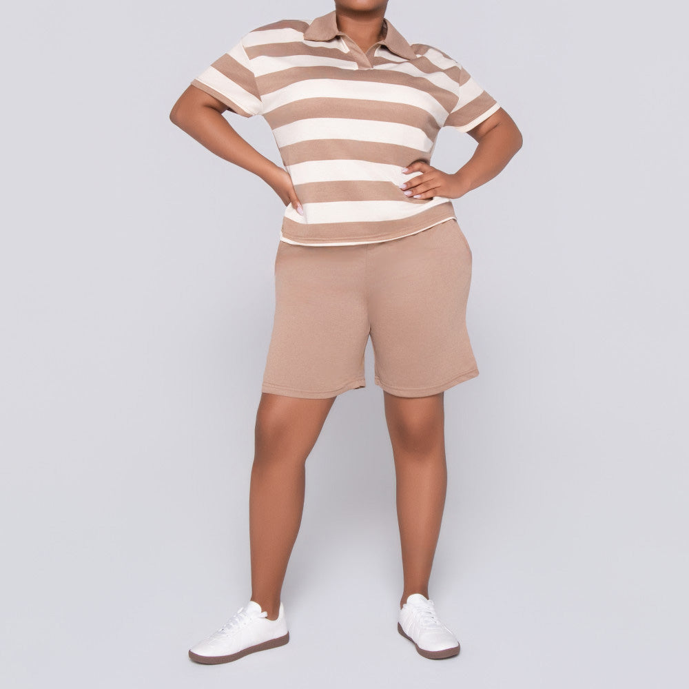 Taupe Striped Top And Shorts Set