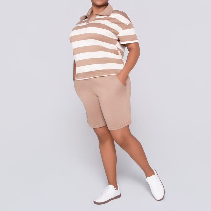 Taupe Striped Top And Shorts Set