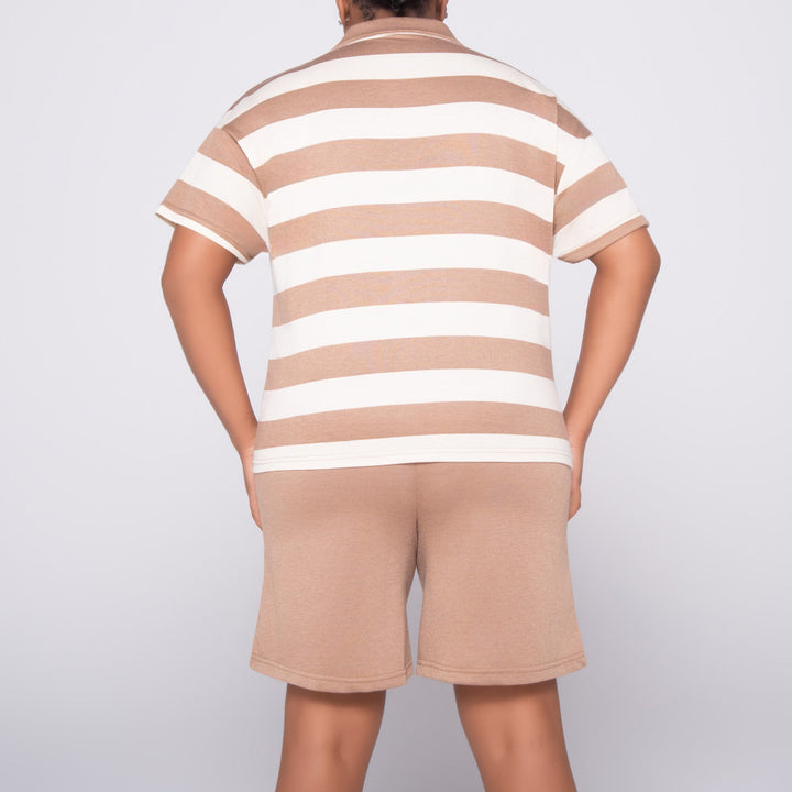 Taupe Striped Top And Shorts Set