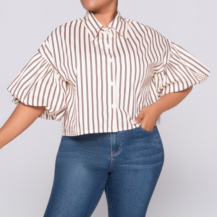Stone/Choc Short Sleeve Striped Top
