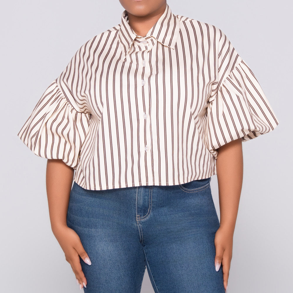Stone/Choc Short Sleeve Striped Top