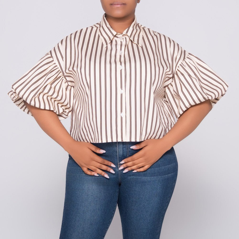 Stone/Choc Short Sleeve Striped Top