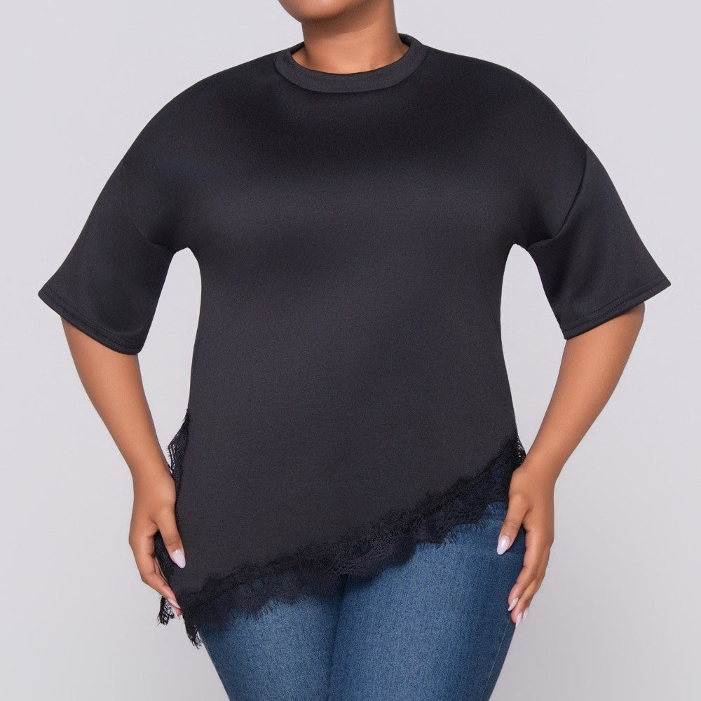 Lace Edit Short Sleeve Black Top