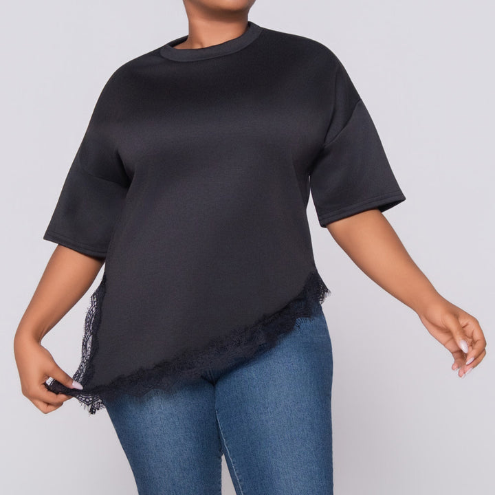 Lace Edit Short Sleeve Black Top