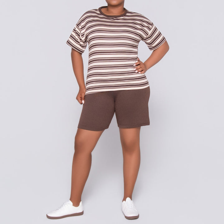 Choc/Stone Striped Top And Short Set