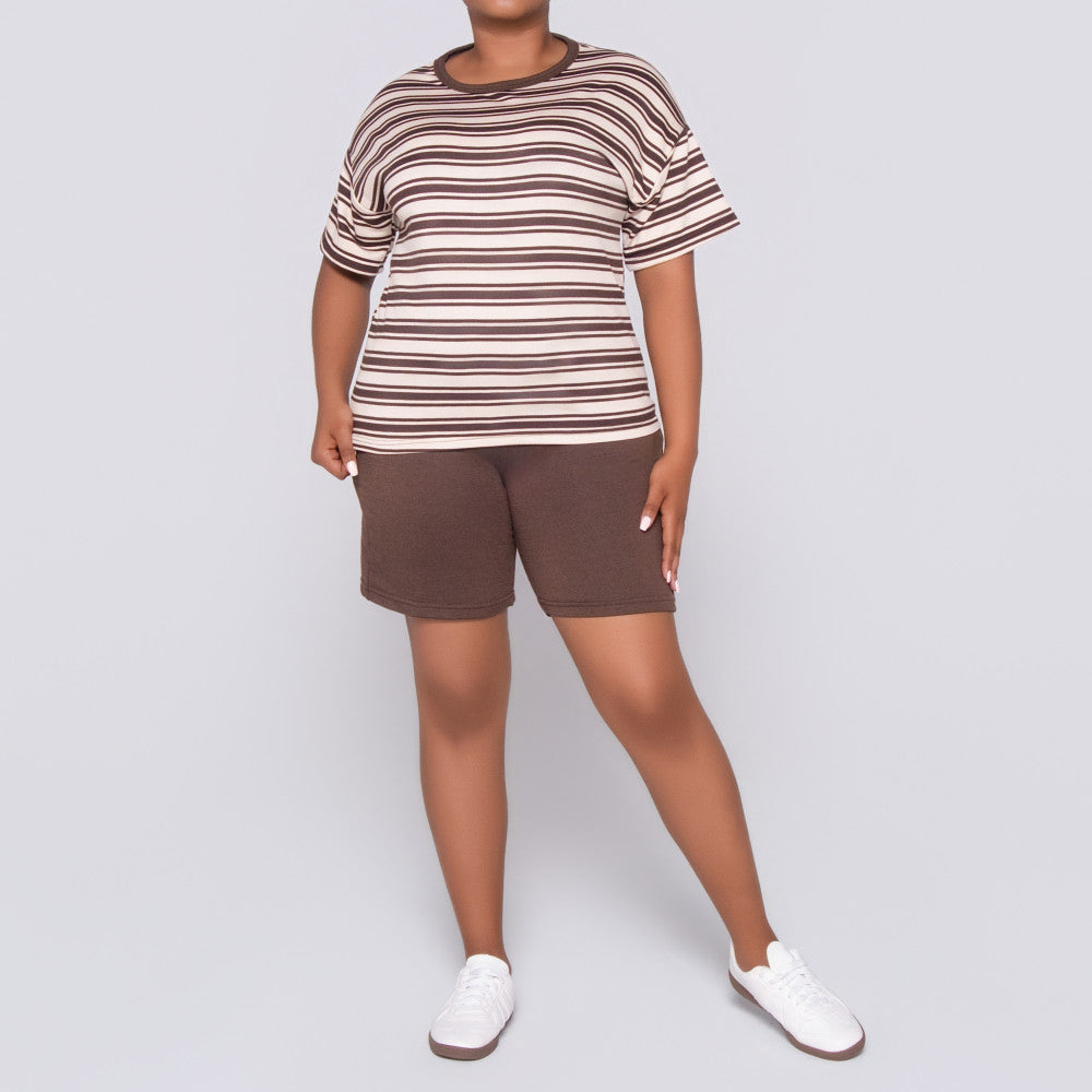 Choc/Stone Striped Top And Short Set