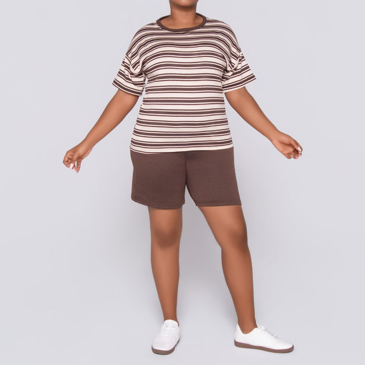 Choc/Stone Striped Top And Short Set