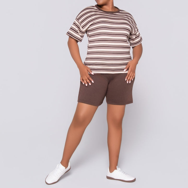 Choc/Stone Striped Top And Short Set