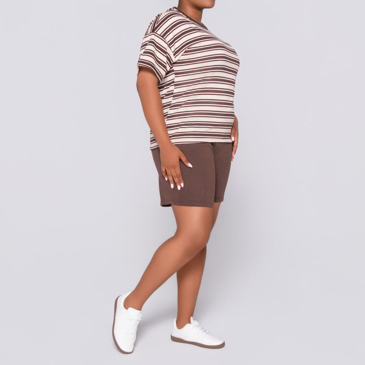 Choc/Stone Striped Top And Short Set