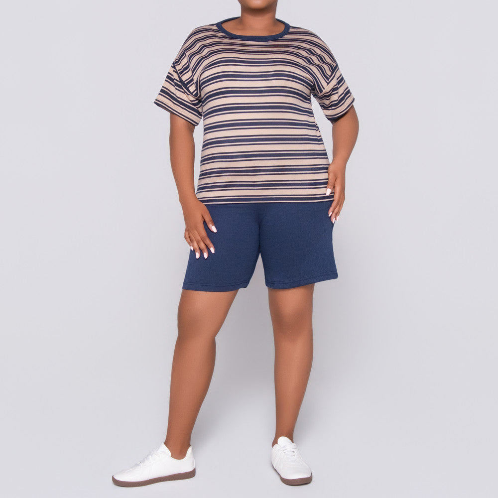 Navy/Stone Striped Top And Short Set