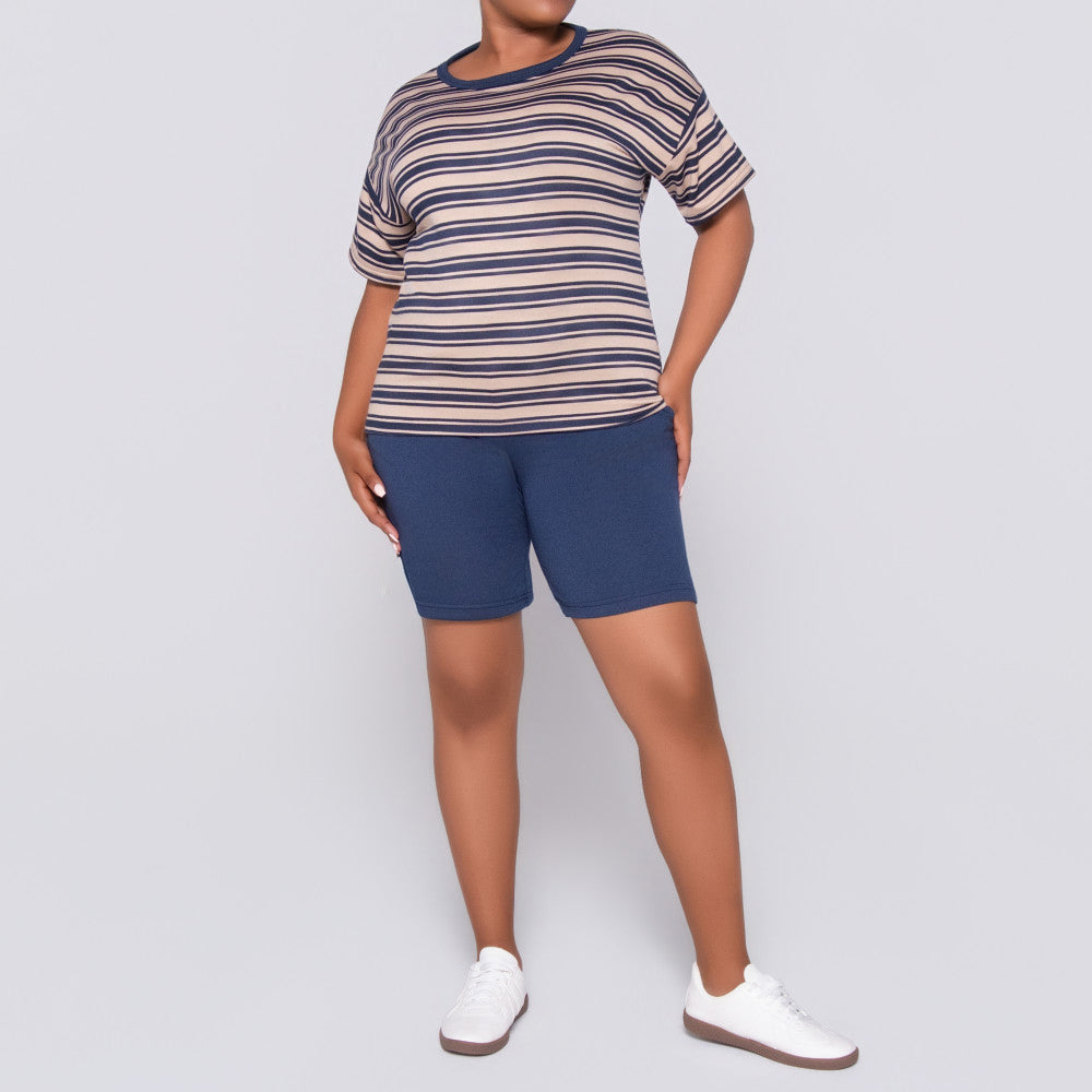 Navy/Stone Striped Top And Short Set