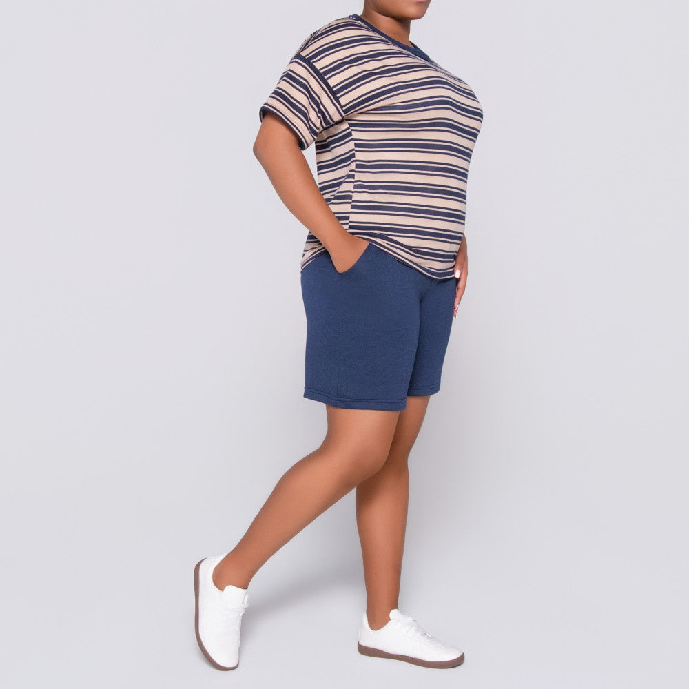 Navy/Stone Striped Top And Short Set