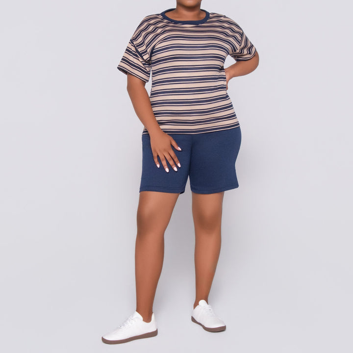 Navy/Stone Striped Top And Short Set