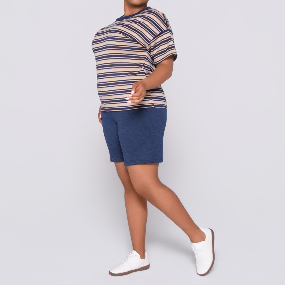 Navy/Stone Striped Top And Short Set