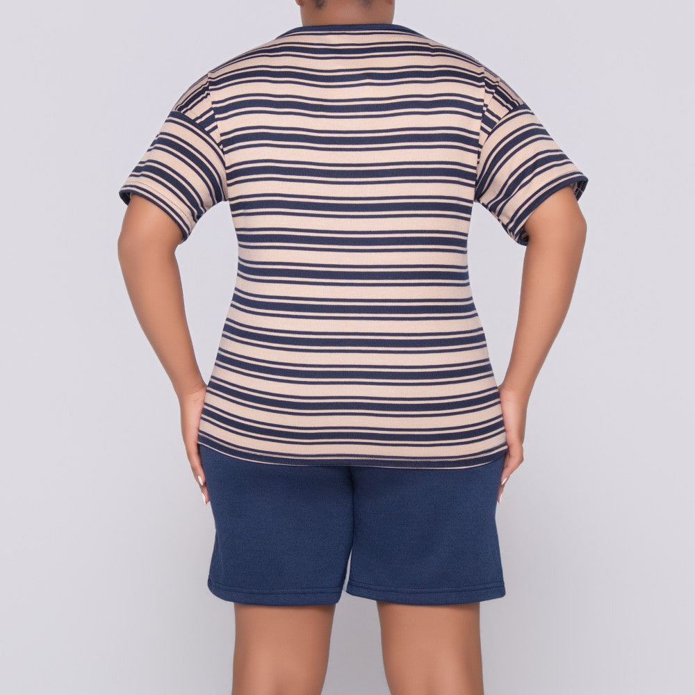 Navy/Stone Striped Top And Short Set