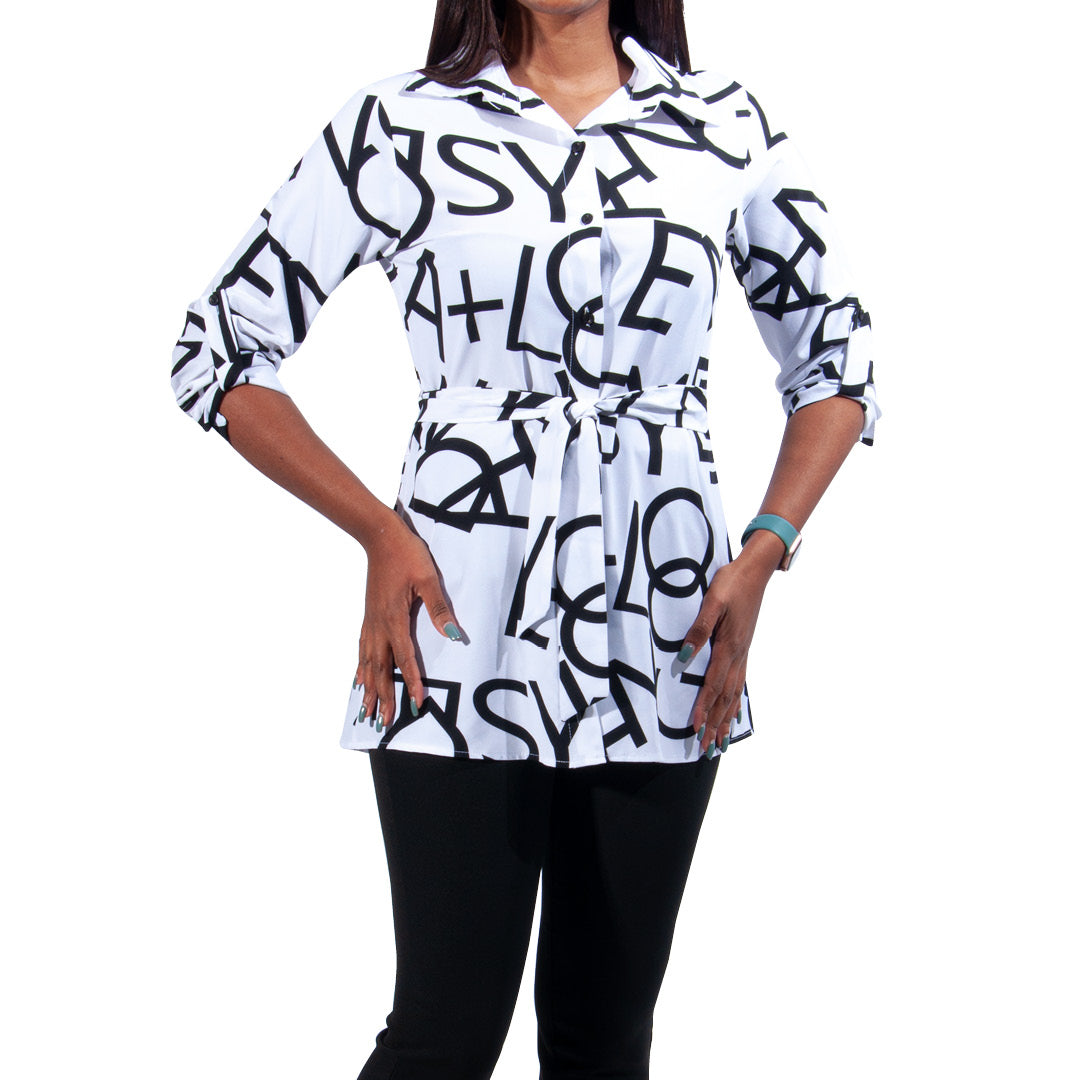 Printed Tie-Belt Polyspan Woven Shirt