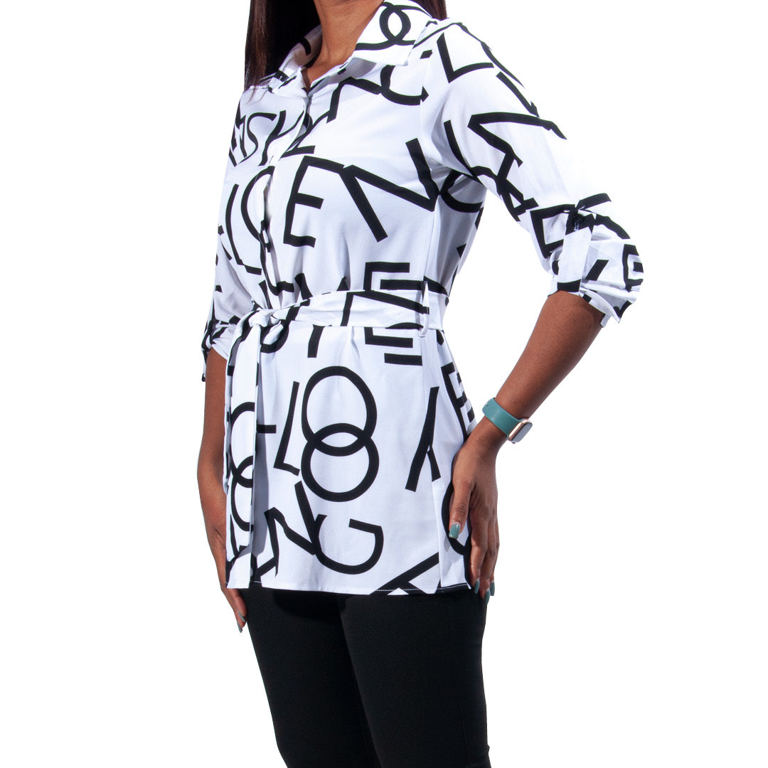 Printed Tie-Belt Polyspan Woven Shirt
