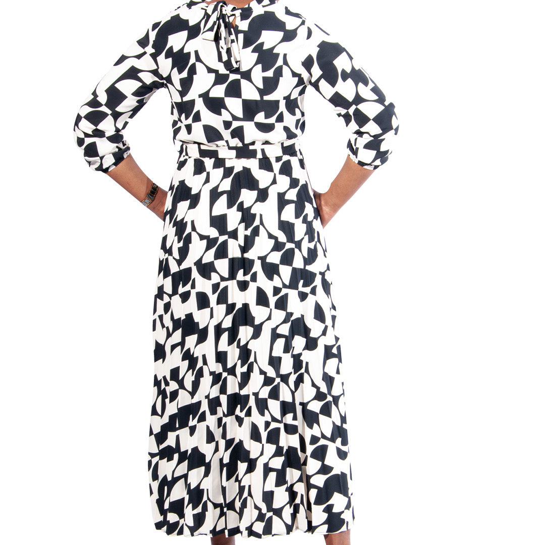 Printed Tie-Belt Pleated Dress